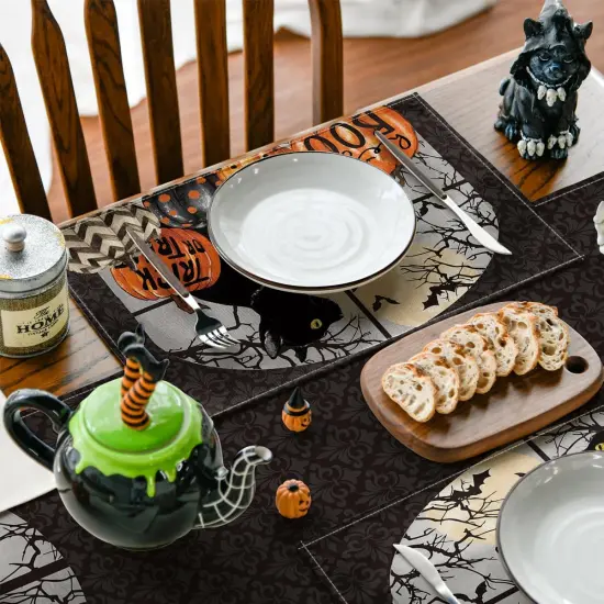 Set of 4 Black Cat and Pumpkins Halloween Placemats - 12x18 Inch (Black/Orange) {3}