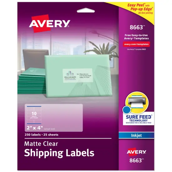 Avery Printable Shipping Labels with Sure Feed, 2" x 4" Customizable Stickers, Matte Clear, 250 Blank Mailing Labels, Great for Mailing, Shipping, and More (8663) {1}