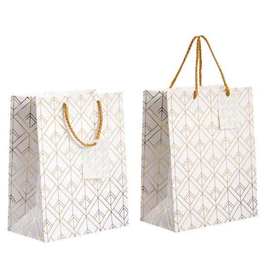 16-Pack Medium White and Gold Gift Bags with Handles & Tags for Weddings Baby Bridal Showers Birthday Party Favors, 4 Geometric Foil Designs (8 x 10 x 4.5 Inch) {5}