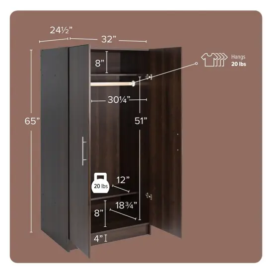 65-Inch Freestanding Tall Cabinet with Clothing Rod and Shelves for Bedroom or Kitchen Storage Dark Brown {2}