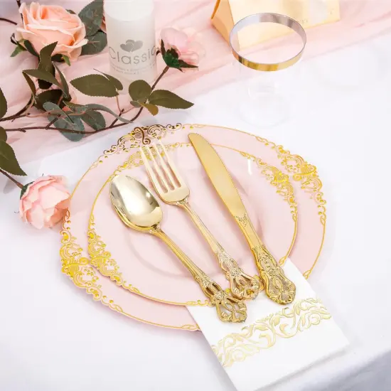 700PCS Pink and Gold Plastic Dinnerware Set &ndash; Disposable Plates, Silverware, Cups & Napkins for Wedding, Party & Events {5}