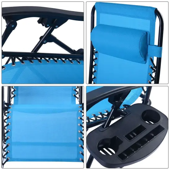 Set of 2 Folding Zero Gravity Recliner Chairs with Cup Holder Tray and Headrest for Patio or Lawn Blue {2}