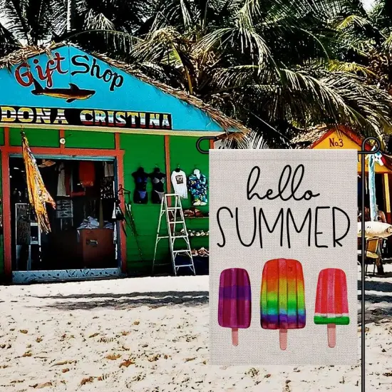 Hello Summer Ice Cream Garden Flag Burlap 12x18 Inch Double Sided, Seasonal Sign Outdoor Decor Yard Small Flags DF269 {3}