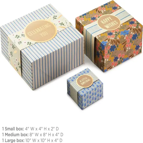 Boxes 3-Pack Assorted Sizes (Flowers and Stripes) for Birthdays, Bridal Showers, Mother's Day, Best Friends, Gifts for Her, Wrapped Treats and Cookies {3}