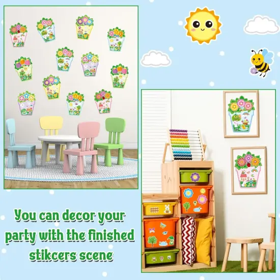 Spring Flower Pot Stickers - 12 Sets of Garden Theme Art Craft Kit for Kids School Activity Make Your Own Nature Sunflower Scene with Butterfly Frog Bug Animal DIY Insect Game Party Favor Gift {4}