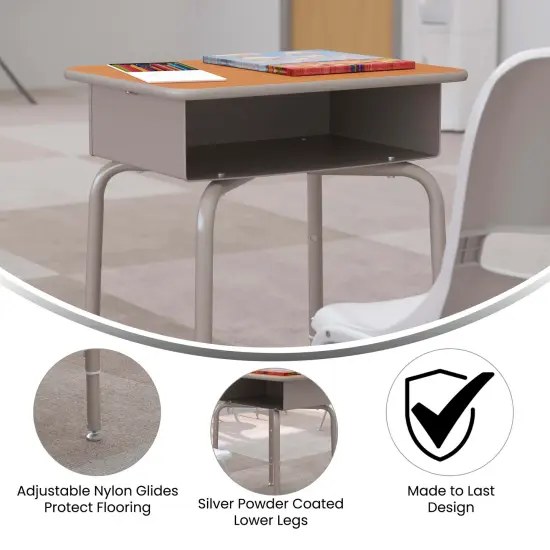 Emma and Oliver Student Desk with Open Front Metal Book Box - School Desk Walnut/SilverFrame {4}