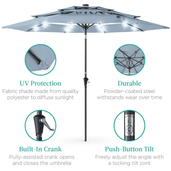 Best Choice Products 10ft 3-Tier Solar Patio Umbrella w/ 24 LED Lights, Tilt Adjustment, Easy Crank Breeze Blue {5}