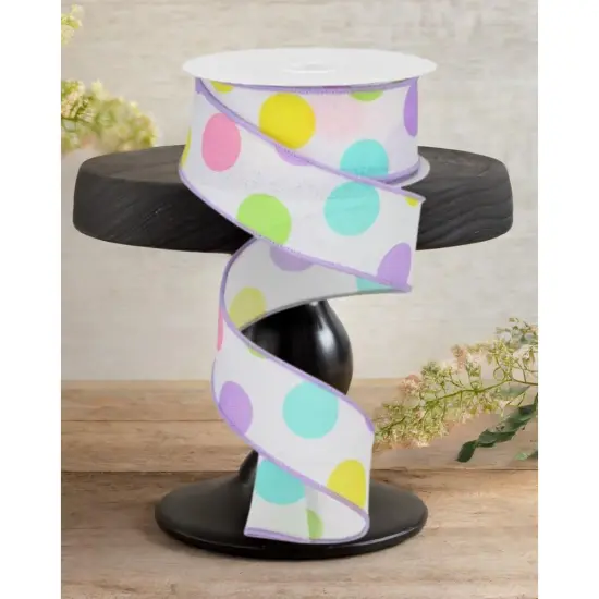 1.5" Multi Polka Dots on Royal Ribbon: White/Lavender (10 Yards) {2}