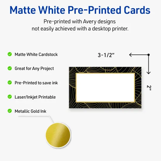 Avery Printable Rectangle Business Cards with Sure Feed Technology, Pre-Printed Black Border with Gold Pattern, Matte White, 2" x 3.5", Laser & Inkjet Compatible, 80 Total {2}