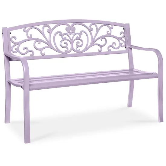 Best Choice Products Outdoor Steel Bench Garden Patio Porch Furniture w/ Floral Design Backrest Lavender {1}