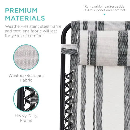 Best Choice Products Set of 2 Zero Gravity Lounge Chair Recliners for Patio, Pool w/ Cup Holder Tray Gray Stripes {6}