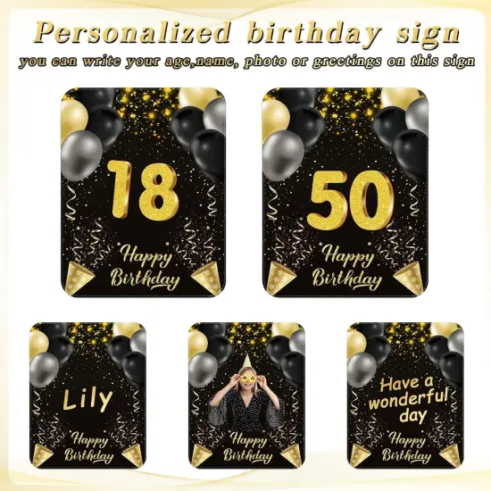 18 Pcs Happy Birthday Yard Signs with Stakes 2 x 5 M LED Lights Personalized Age Name Sign with 20 Number Stickers 14 Inch for Yard Lawn Garden Outdoor Decoration Party Supplies (Black Gold) {3}