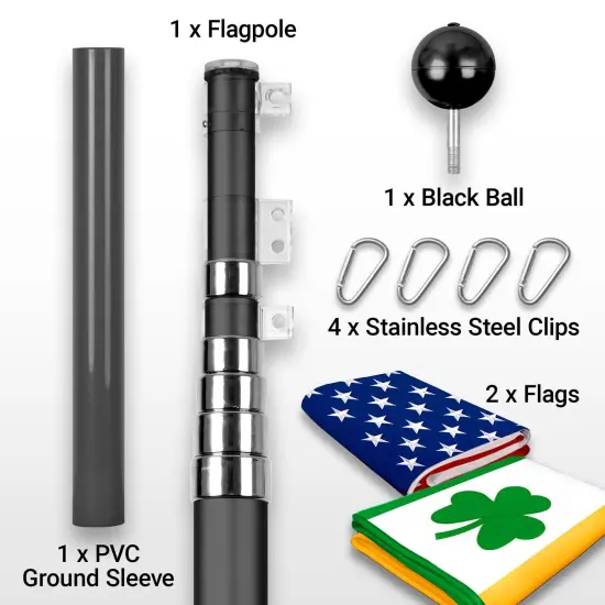 G128 Combo Pack: 20 Ft Telescoping Aluminum Flagpole (Black) & American and Ireland Shamrock Flags 3x5 Ft, Both ToughWeave Series Embroidered Polyester | Pole with Flags Included {2}