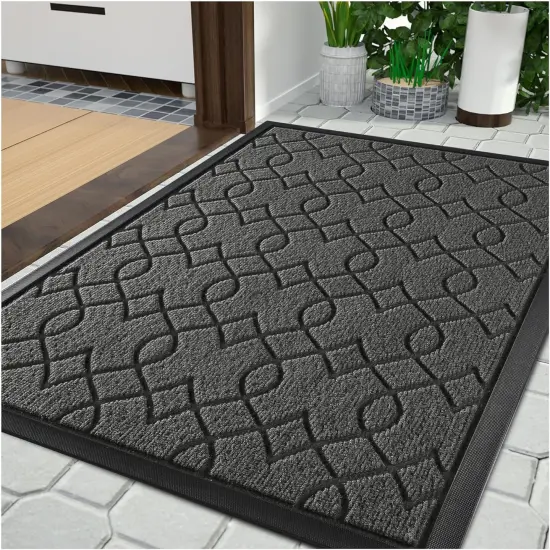 Front Door Mat Outside Entrance, All-Weather All-Season Welcome Doormat Outdoor Indoor, Natural Rubber, Stain and Fade Resistant, Low Profile, Easy Clean Patio Porch Mat, 29.5x17, Gray {1}