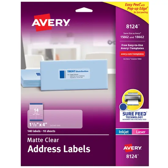 Avery Printable Address Labels with Sure Feed, 1-1/3" x 4", Matte Clear, Permanent Adhesive, Laser & Inkjet, 140 Blank Mailing Labels (8124) {1}