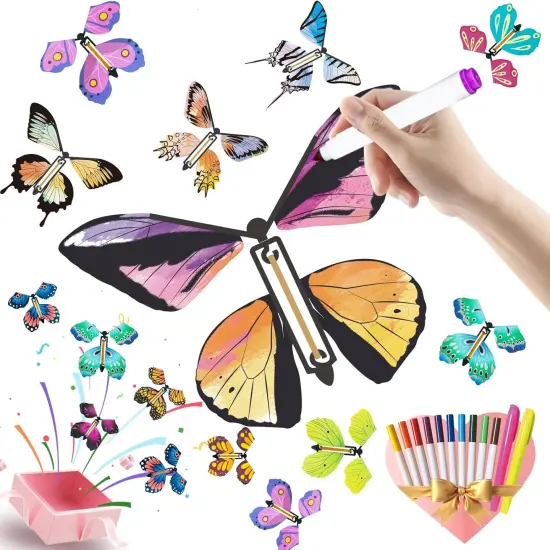 Painting Butterfly Activity Craft Kit for Kids, 24 Paper Butterflies and 12 Color Pens, Rubber Band Wind Up Butterfly Toy, Make Your Own Magic Flying Butterfly, Party Game,School Activity,Surprise Card {1}