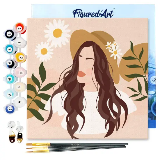 Figured'Art Mini Paint by Numbers Kit for Adults with Frame Abstract Woman and Daisies Small format 8"x8" - Craft Art Painting DIY Canvas Already Stretched on a Wooden Frame {1}