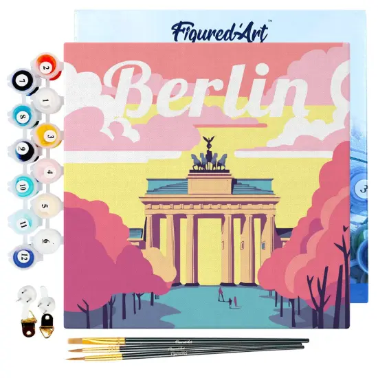 Figured'Art Mini Paint by Numbers Kit for Adults with Frame Travel Poster Berlin Small format 8"x8" - Craft Art Painting DIY Canvas Already Stretched on a Wooden Frame {1}
