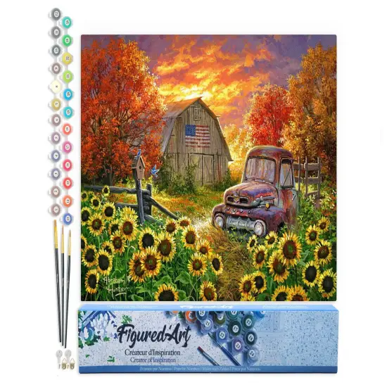 Figured'Art Paint by Numbers Kit for Adults Sunflowers in front of the barn 16"x20" - Craft Art Painting DIY Kit Rolled Canvas without frame {1}