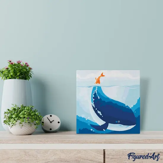 Figured'Art Mini Paint by Numbers Kit for Adults with Frame Blue Whale Small format 8"x8" - Craft Art Painting DIY Canvas Already Stretched on a Wooden Frame {2}