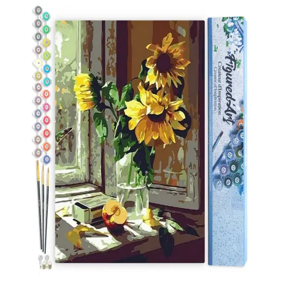 Figured'Art Paint by Numbers for Adults Sunflowers and apple in front of the window 16"x20" - Craft Art Painting DIY Kit Rolled Canvas without frame {1}