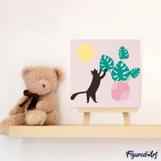 Figured'Art Mini Paint by Numbers Kit for Adults with Frame Cat plays with Monstera Small format 8"x8" - Craft Art Painting DIY Canvas Already Stretched on a Wooden Frame {2}