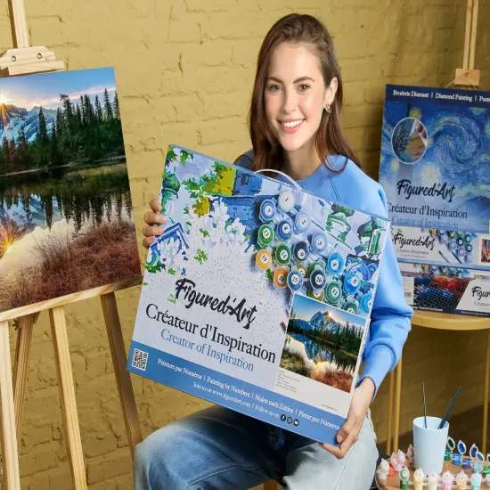 Figured'Art Paint by Numbers for Adults with Frame Lake and Mountain reflection 16"x20" - Craft Art Painting DIY Kit Canvas Already Stretched on a Wooden Frame {2}