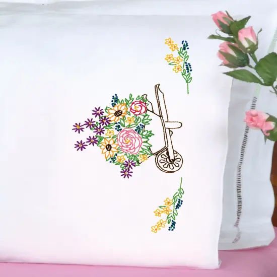 Jack Dempsey Stamped Pillowcases W/White Perle Edge 2/Pkg-Wheelbarrow Of Flowers {2}