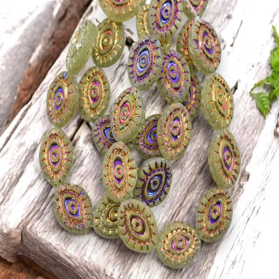 *10* 14x11mm Metallic Volcano Washed Matte Peridot Mystic Eye Beads {2}