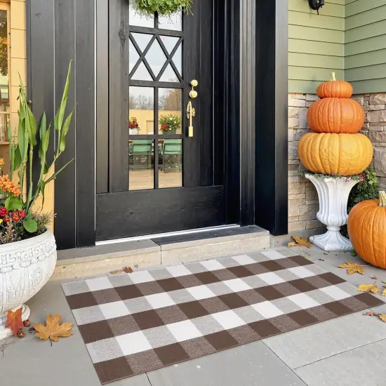 Fall Front Door Mat Buffalo Plaid Outdoor Rug - 24"x51" - Coffee & White {4}