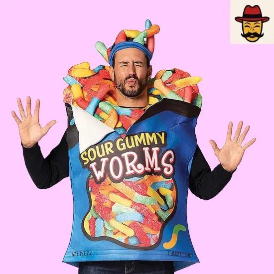 Colorful Sour Gummy Worms Adult Costume with 3D Details for Halloween Fun {5}
