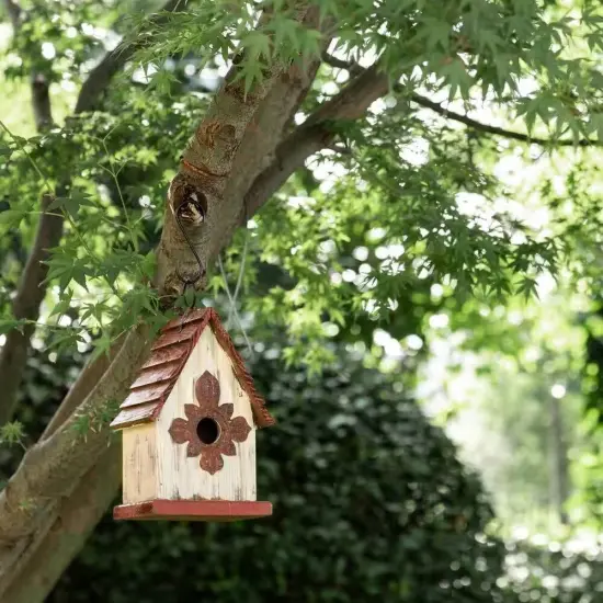 Retro Red Solid Wood Metal A-Frame Birdhouse with Hanging Ring and Easy Clean-out {2}