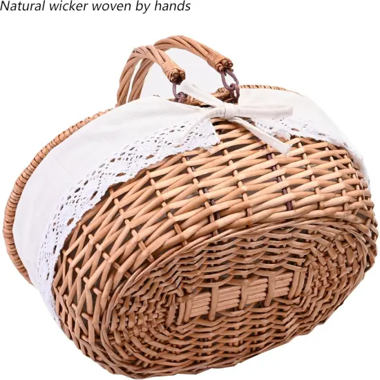 Large 15.4" Wicker Picnic Basket with Removable Liner Empty Picnic Baskets with Lid, Picnic Hamper with Foldable Handles for Picnic, Natural Color, Large {3}