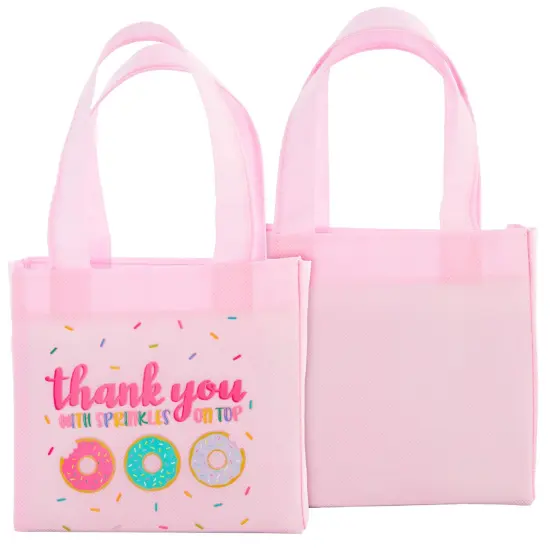 24 Pack Donut Goodie Bags - Pink Donut Theme Party Favor Totes for Girl's Birthday, Baby Shower, Special Event (6.5 x 7 x 2 In) {6}