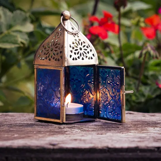 In the Breeze 9201 &mdash; Blue Mini Square Tealight Lantern &mdash; Moroccan-Style Boho Chic Tealight Glass and Metal Tabletop Lantern {3}
