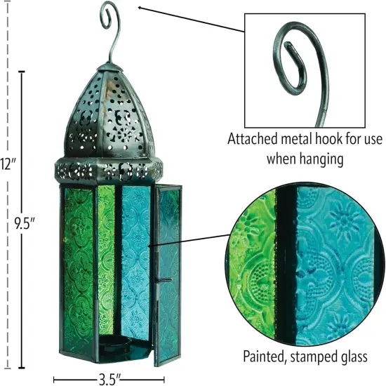 In the Breeze 9215 &mdash; Teal & Green Large Hex Tealight Lantern &mdash; Moroccan-Style Boho Chic Tealight Glass and Metal Tabletop Lantern {5}