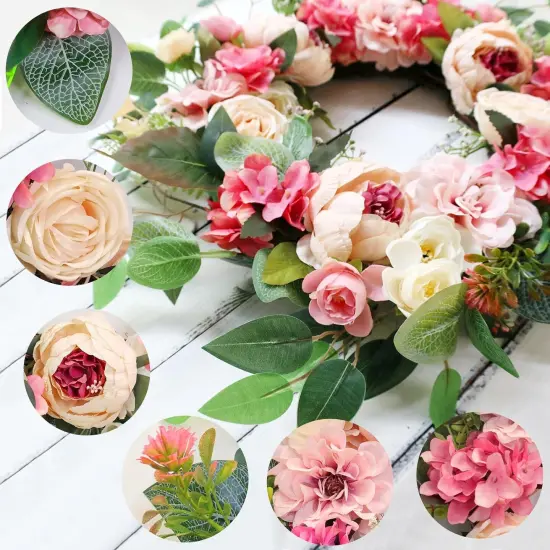 Peony Floral Wreath 22" Spring Wreaths for Front Door & Lights Timer Large Pink Peonies {3}