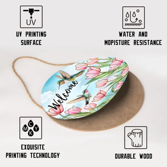 Welcome Spring Summer Pink Tulip Flowers Door Sign For Front Door Decor,Hummingbird Birds Wooden Sign 12"x 12" Round Seasonal Hanging Door Sign Decoration for Rustic Decor {3}