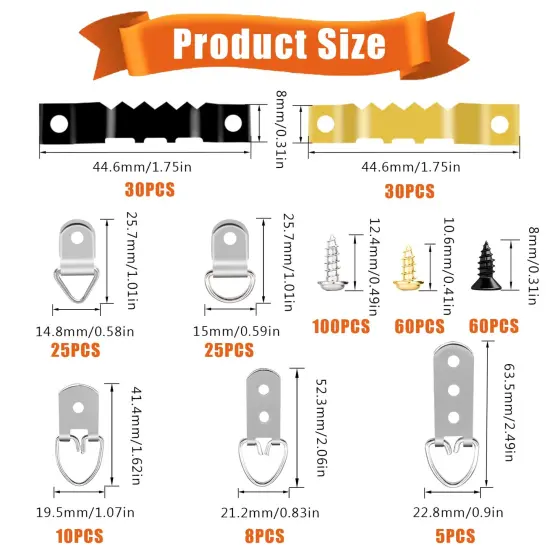 353PCS Picture Hanging Kit with Screws, Saw-tooth, D Ring Picture Hangers Assortment, Picture Hanging Hardware Tool for Frame Hanging - 7 Models {1}