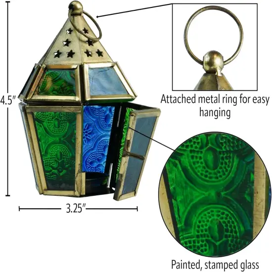 In the Breeze 9205 — Blue & Green Mini Hex Tealight Lantern — Moroccan-Style Boho Chic Tealight Glass and Metal Tabletop Lantern {5}