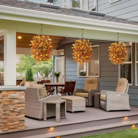 Artificial Faux Hanging Plants Flowers Basket for Outdoor Spring Decoration,Fake Silk Orange Mums planters UV Resistant Look Real for Home Porch Patio Balcony Yard Outside Summer Decor (Orange Yellow) {5}