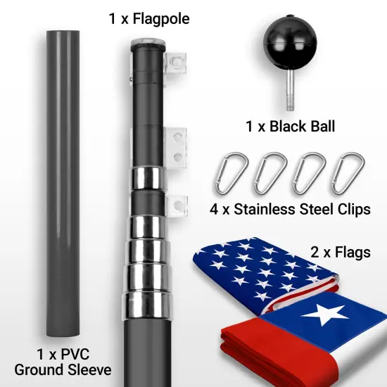 G128 Combo Pack: 20 Ft Telescoping Aluminum Flagpole (Black) & American and Chile Flags 3x5 Ft, Both ToughWeave Series Embroidered Polyester | Pole with Flags Included {2}
