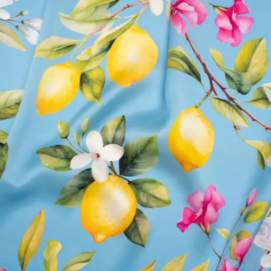 1 Yard Hand Painted Silk Charmeuse Fabric Sky Blue, Green and Yellow Lemon Tree Design 53 inch Width {1}