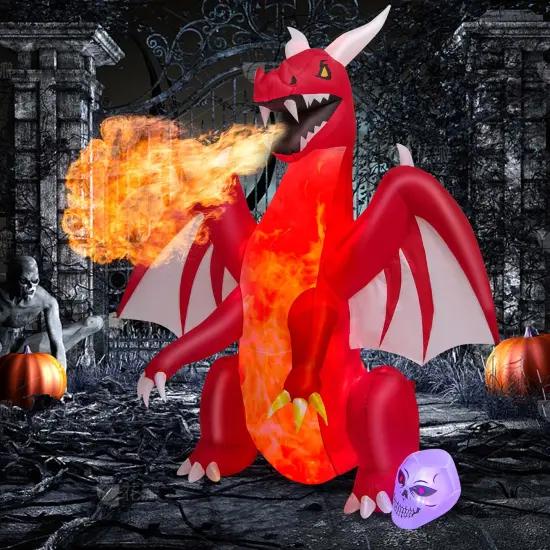 Costway 8 FT Halloween Inflatable Red Dragon with Wings & Skull Holiday Decoration Light {2}