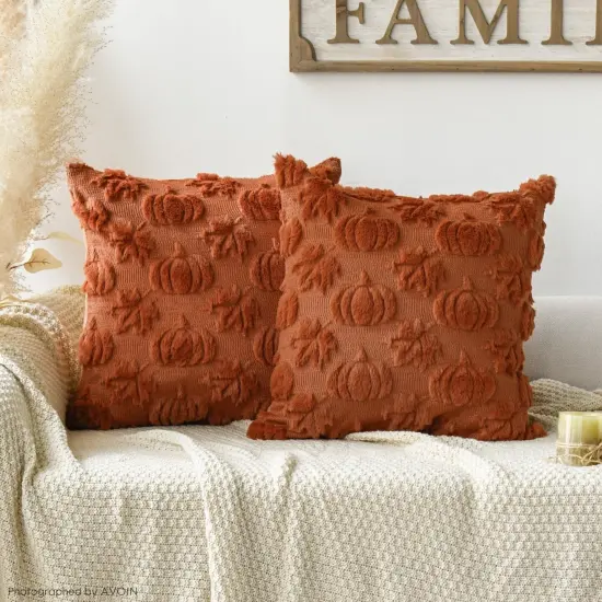 Set of 2 Fall Pumpkin Maple Leaves Caramel Throw Pillow Covers 20 x 20 Inch {4}