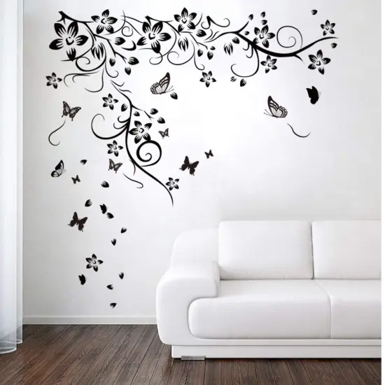 Runtoo Black Flowers Vine Wall Decal Floral Butterfly Wall Stickers Living Room Bedroom Wall Decor {4}