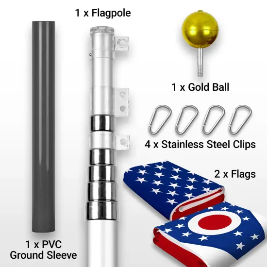 G128 Combo Pack: 25 Ft Telescoping Aluminum Flagpole (Silver) & American and Ohio Flags 3x5 Ft, Both StormFlyer Series Embroidered 220GSM Spun Polyester | Pole with Flags Included {2}