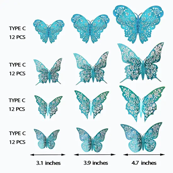 Cheerland Butterfly Wall Stickers Teal Blue 3D Room Decal Mural Sticker Butterfly Decoration for Room Wedding Engagement Baby Shower Birthday Party (Teal Blue C) - Pack of 48 {2}