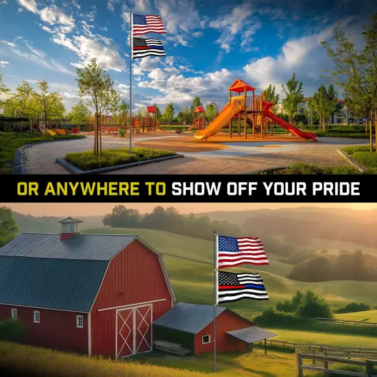 G128 Combo Pack: 25 Ft Telescoping Aluminum Flagpole (Black) & American and Thin Blue Red Line Flags 3x5 Ft, Both StormFlyer Series Embroidered 220GSM Spun Polyester | Pole with Flags Included {6}