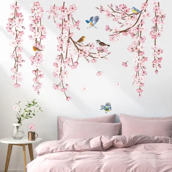 decalmile Cherry Blossom Flower Vine Wall Decals Hanging Floral Tree Branch Birds Wall Stickers Living Room Bedroom Office Wall Decor {1}